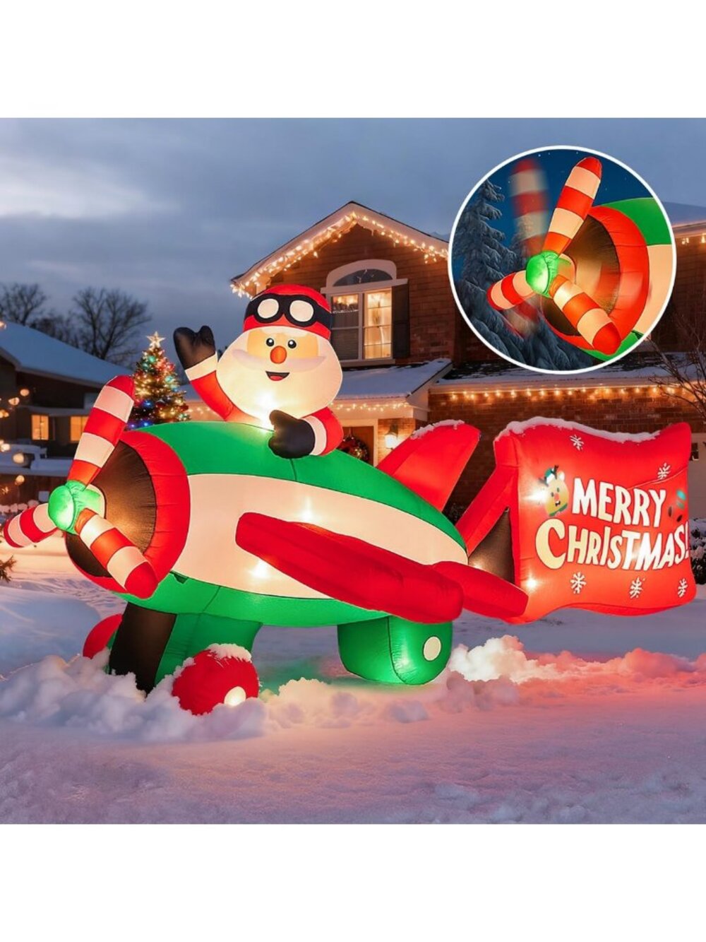 10.5 FT Animated Christmas Inflatables Santa Claus on Airplane, Santa Claus on